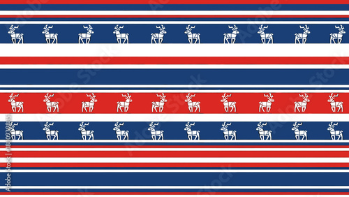 Repeating pattern of white reindeer silhouettes alternating with red, white, and blue stripes.