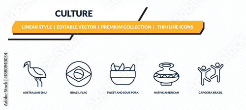 culture icons set - australian emu, brazil flag, sweet and sour pork, native american pot, capoeira brazil dancers outline vector collection.