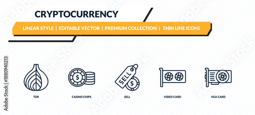 cryptocurrency icons set - tor, casino chips, sell, video card, vga card outline vector collection.