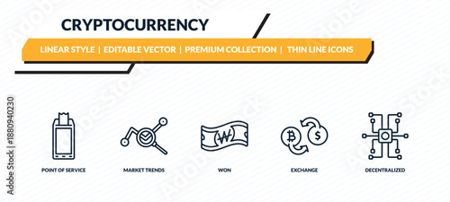 cryptocurrency icons set - point of service, market trends, won, exchange, decentralized outline vector collection.
