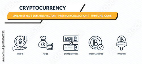 cryptocurrency icons set - income, funds, crypto records, bitcoin accepted, function outline vector collection.