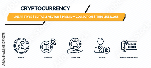 cryptocurrency icons set - pound, random, donation, banker, bitcoin encryption outline vector collection.