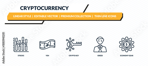 cryptocurrency icons set - stocks, yen, crypto key, greed, economy gear outline vector collection.