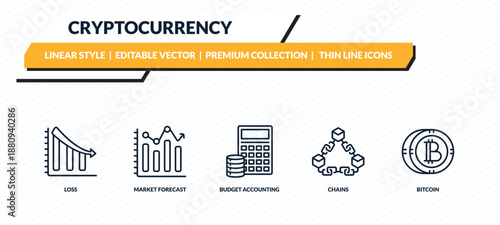 cryptocurrency icons set - loss, market forecast, budget accounting, chains, bitcoin outline vector collection.