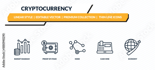 cryptocurrency icons set - budget diagram, proof of stake, node, cash hine, economy outline vector collection.