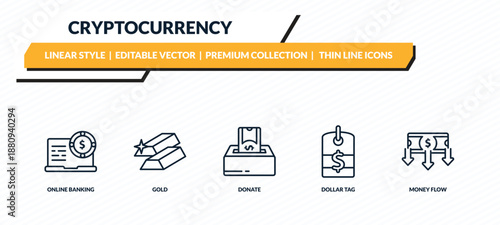cryptocurrency icons set - online banking, gold, donate, dollar tag, money flow outline vector collection.