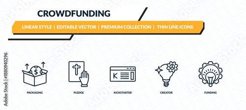 crowdfunding icons set - packaging, pledge, kickstarter, creator, funding outline vector collection.
