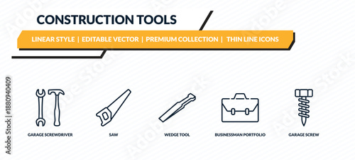 construction tools icons set - garage screwdriver, saw, wedge tool, businessman portfolio, garage screw outline vector collection.