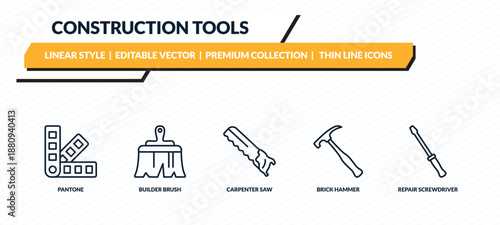 construction tools icons set - pantone, builder brush, carpenter saw, brick hammer, repair screwdriver outline vector collection.