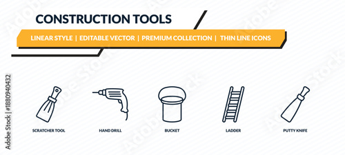 construction tools icons set - scratcher tool, hand drill, bucket, ladder, putty knife outline vector collection.