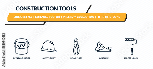 construction tools icons set - open paint bucket, safety helmet, repair pliers, jack plane, painter roller outline vector collection.