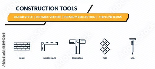 construction tools icons set - brick, school ruler, boning rod, tiles, nail outline vector collection.