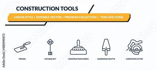 construction tools icons set - trowel, antique key, construction works, gardening palette, carpenter cutter outline vector collection.