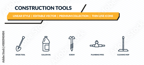 construction tools icons set - spade tool, gallon oil, screw, plumbing pipes, cleaning mop outline vector collection.