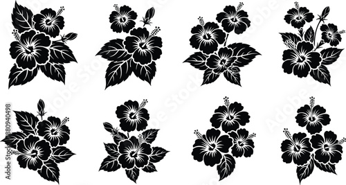 Black, and, white, hibiscus, floral, design, set, featuring, tropical, flower, silhouettes, with, leaves, for, patterns, textiles, prints, invitations, tattoos, and, summer, decor.
