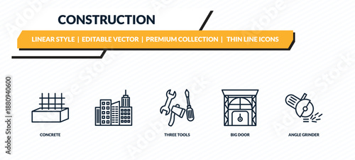 construction icons set - concrete, , three tools, big door, angle grinder outline vector collection.