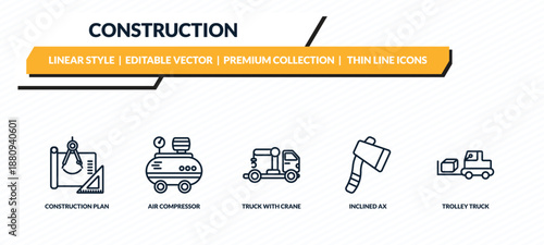 construction icons set - construction plan, air compressor, truck with crane, inclined ax, trolley truck outline vector collection.