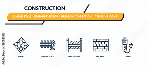 construction icons set - paving, garden fence, road barrier, brickwall, clippers outline vector collection.