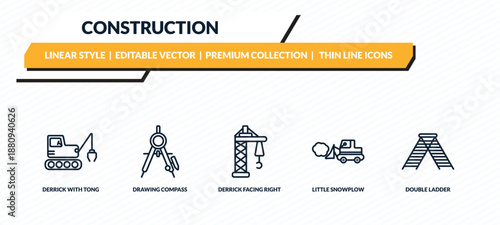 construction icons set - derrick with tong, drawing compass, derrick facing right, little snowplow, double ladder outline vector collection.