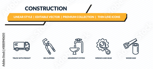 construction icons set - truck with freight, big clippers, adjusment system, wrench and gear, wood saw outline vector collection.