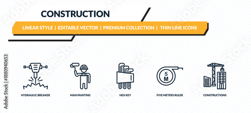 construction icons set - hydraulic breaker, man painting, hex key, five meters ruler, constructions outline vector collection.