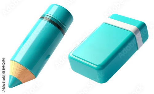 pencil and eraser in cyan color 3d cute icon isolated on white