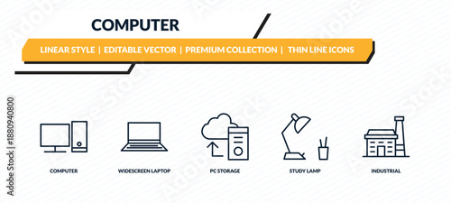 computer icons set - computer, widescreen laptop, pc storage, study lamp, industrial outline vector collection.