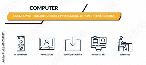 computer icons set - tv controller, video lecture, download from the net, action camera, boss office outline vector collection.