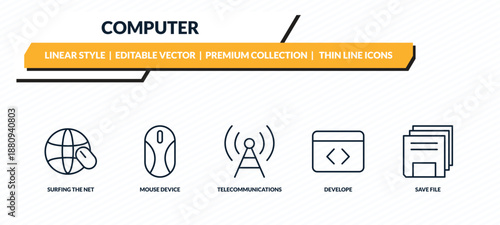 computer icons set - surfing the net, mouse device, telecommunications, develope, save file outline vector collection.