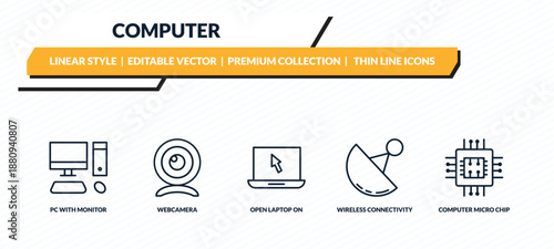 computer icons set - pc with monitor, webcamera, open laptop on, wireless connectivity, computer micro chip outline vector collection.