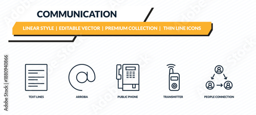 communication icons set - text lines, arroba, public phone, transmitter, people connection outline vector collection.