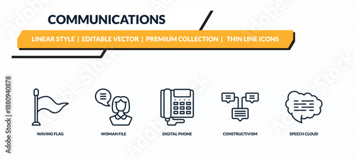 communications icons set - waving flag, woman file, digital phone, constructivism, speech cloud outline vector collection.