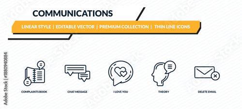 communications icons set - complaints book, chat message, i love you, theory, delete email outline vector collection.