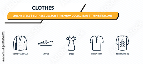 clothes icons set - cotton cardigan, loafer, drees, henley shirt, t shirt with de outline vector collection.