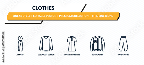 clothes icons set - jumpsuit, collarless cotton shirt, lyocell shirt dress, denim jacket, harem pants outline vector collection.