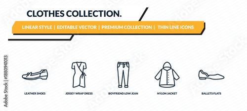 clothes collection. icons set - leather shoes, jersey wrap dress, boyfriend low jean, nylon jacket, ballets flats outline vector collection.