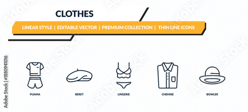 clothes icons set - pijama, beret, lingerie, chemise, bowler outline vector collection.