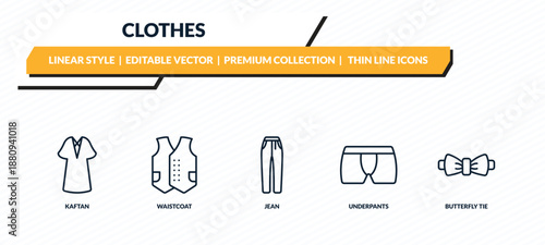 clothes icons set - kaftan, waistcoat, jean, underpants, butterfly tie outline vector collection.