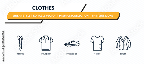 clothes icons set - necktie, polo shirt, soccer shoe, t-shirt, blazer outline vector collection.