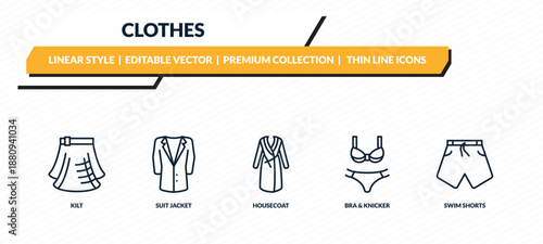 clothes icons set - kilt, suit jacket, housecoat, bra & knicker, swim shorts outline vector collection.