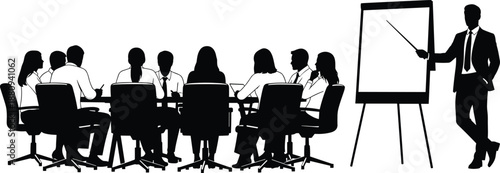 Black, and, white, silhouette, business, meeting, illustration, with, presenter, standing, by, flip, chart, easel, seven, seated, colleagues, around, office, table.