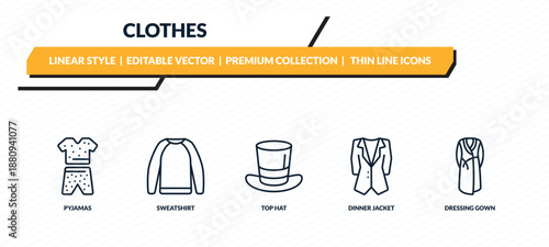 clothes icons set - pyjamas, sweatshirt, top hat, dinner jacket, dressing gown outline vector collection.