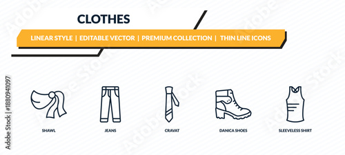 clothes icons set - shawl, jeans, cravat, danica shoes, sleeveless shirt outline vector collection.