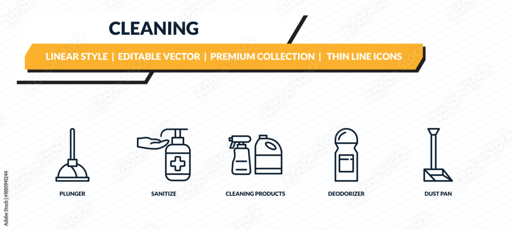 Fototapeta premium cleaning icons set - plunger, sanitize, cleaning products, deodorizer, dust pan outline vector collection.
