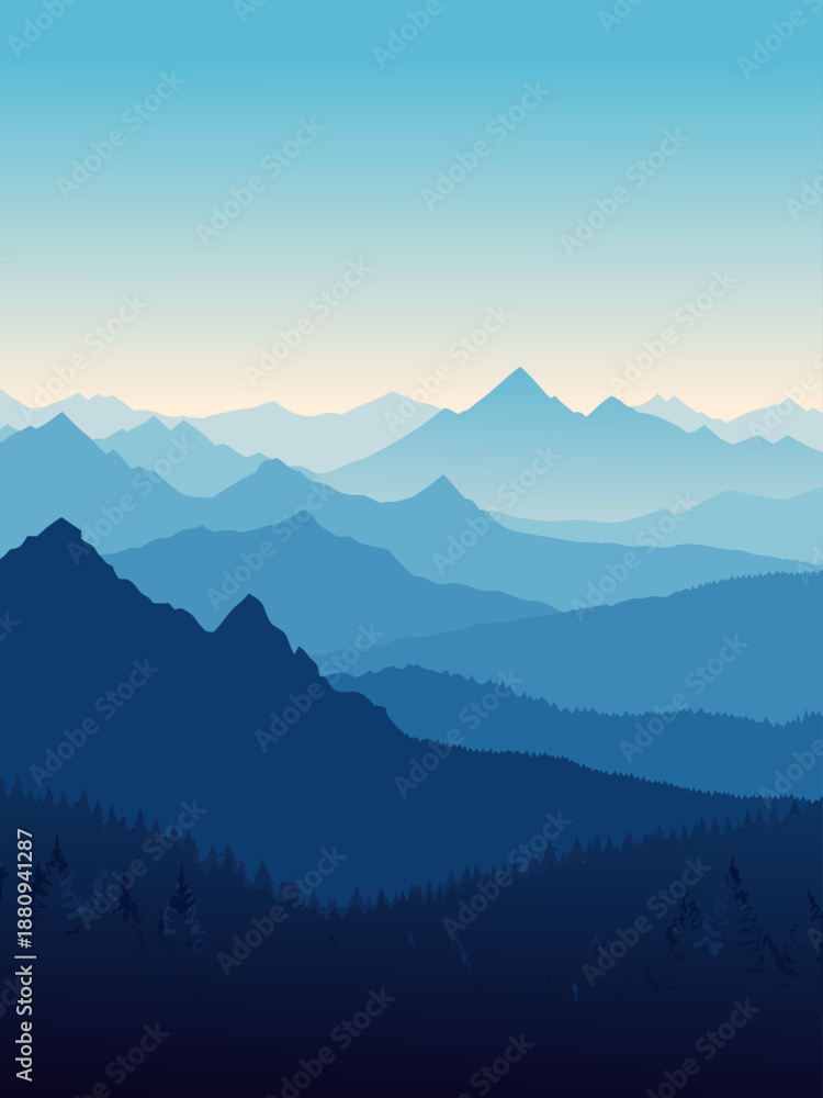 Fototapeta premium Serene Blue Mountain Range Vector Illustration with Layered Peaks at Dusk