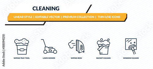 cleaning icons set - wiping tray tool, lawn mower, wiping iron, bucket cleanin, window cleanin outline vector collection.