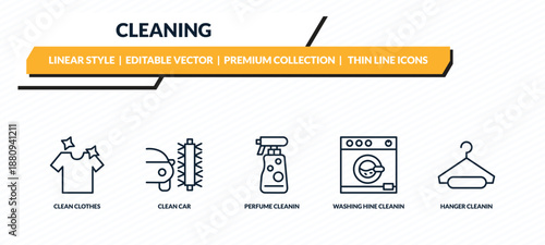 cleaning icons set - clean clothes, clean car, perfume cleanin, washing hine cleanin, hanger cleanin outline vector collection.