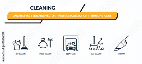 cleaning icons set - mop cleanin, dress cleanin, clean cars, leaf cleanin, vacuum outline vector collection.