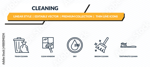 cleaning icons set - trash cleanin, clean window, dry, broom cleanin, toothpaste cleanin outline vector collection.