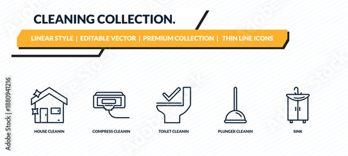 cleaning collection. icons set - house cleanin, compress cleanin, toilet cleanin, plunger sink outline vector collection.